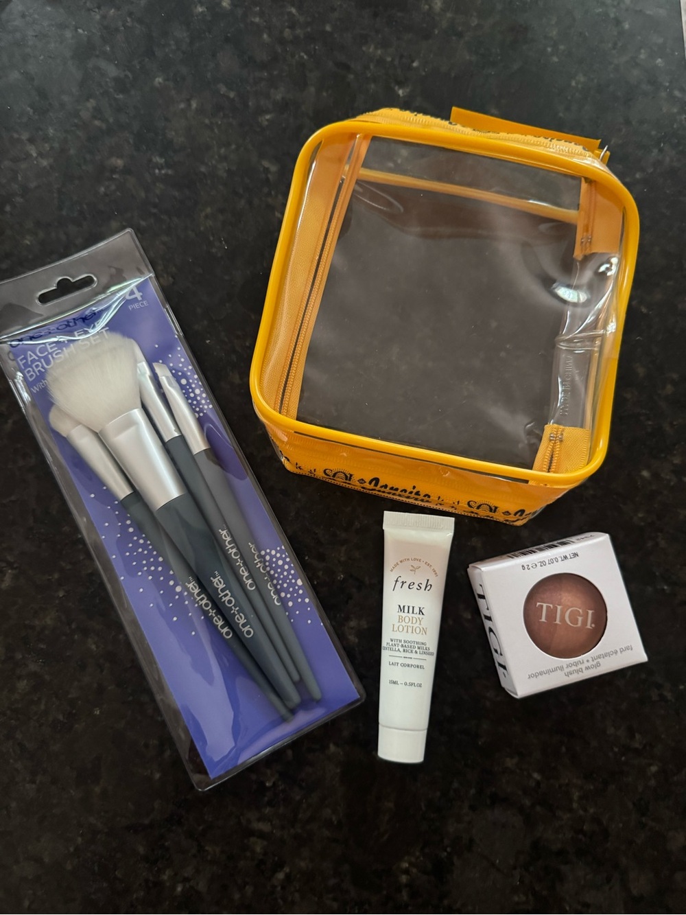 Sol de Janerio Yellow Clear Cosmetic Pouch with Makeup Brushes & Skincare